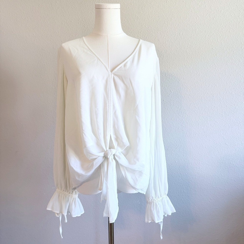 Romantic White Pleated Sleeve Tie Front Blouse Boho Cottagecore Top Small